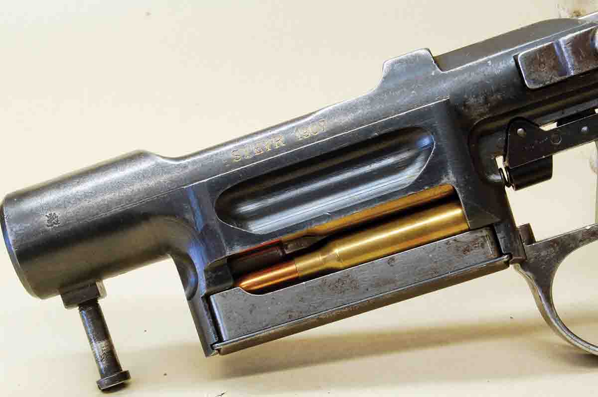 Here is a side view of the M-S action, which shows cartridges in its famed rotary magazine.